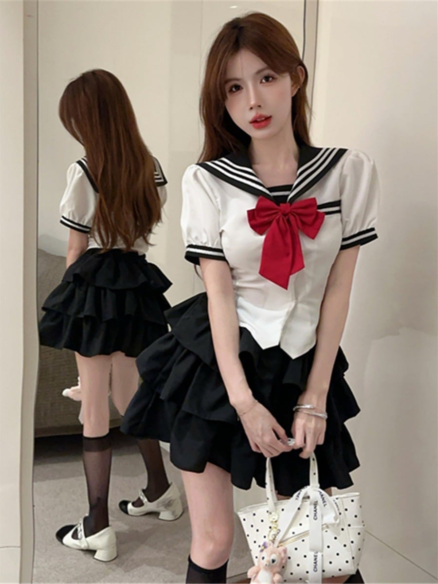 2025新作 セットアップ ネイビーカラーjk制服スーツ夏の甘めデザイン感ショート丈トップスハイウエストケーキスカート2点セット 百掛け 韓国ファッション 涼しく楽ちんセットアップ