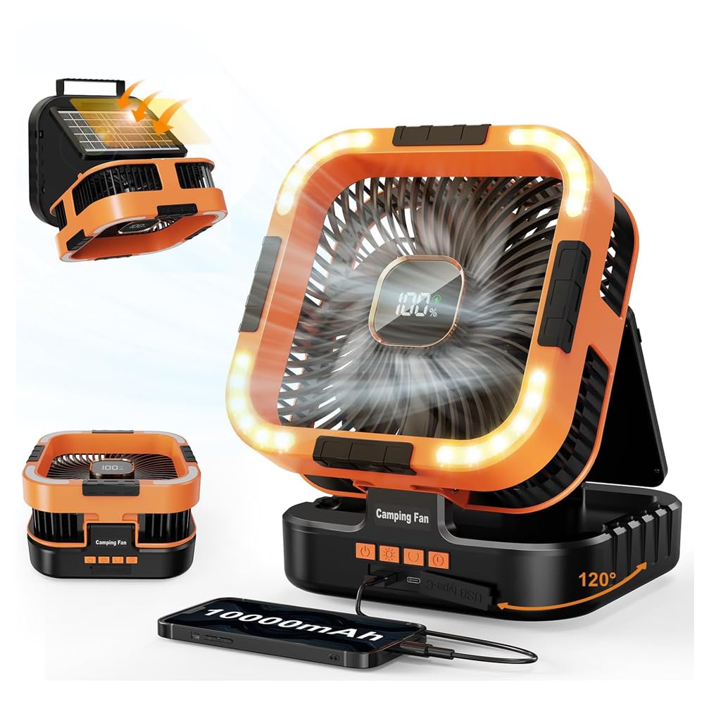 ソーラー充電/自動首振り ソーラー扇風機10000ｍAｈ USB充電 キャンプ扇風機 左右120自動首振り ライト付携帯扇風機 6段階風 3段階LEDライト 6段階定時 テントファンア ハンドル付き 4,859円