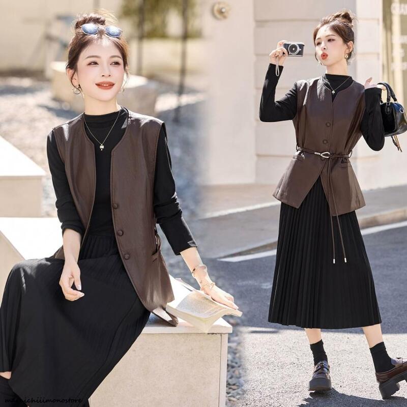 2点セット女性秋冬シープスキンベストプリーツ長袖エレガントな成熟通勤OLスリミングドレス