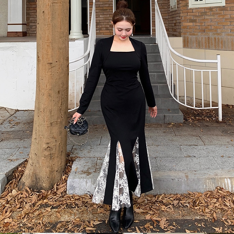 【ぽちゃまに】 大きいサイズ XL-5XL ロングワンピース 高級感 フランス風 レトロ レース ドッキング スリム 着やせ マーメイド フォーマル パーティー メガ割