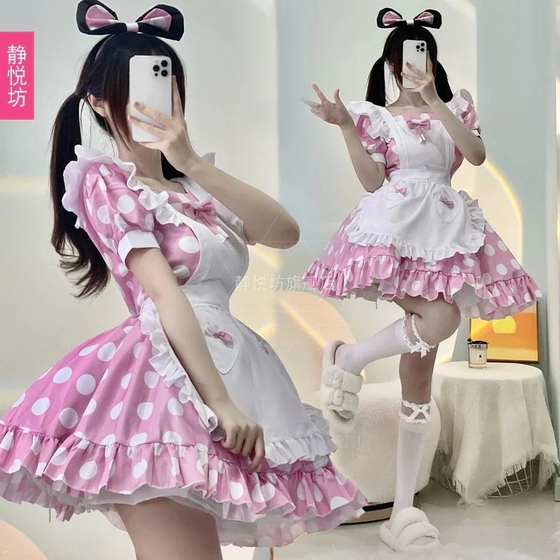 日本アリス水玉メイド服ロリータドレスピンクコスプレ衣装ミッキー衣装