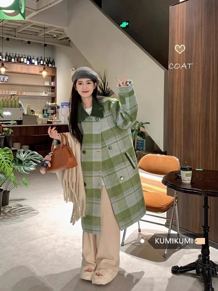 レトログリーンチェック柄コート 高級ウールコート レディース秋冬 ミドル丈 長袖カーディガン トップス トレンド30%制限