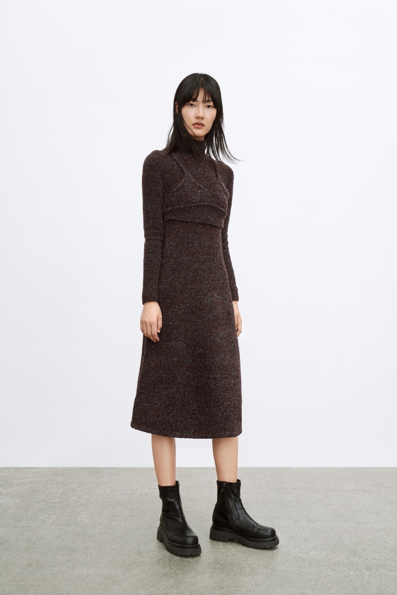 秋 冬 レディース カジュアル フェイク ツーピース スタンド カラー ウール トレジャー きれいめ ドレス ワンピース ブラウン S M L ワンピース ひざ丈 袖あり 長袖 ラウンドネック