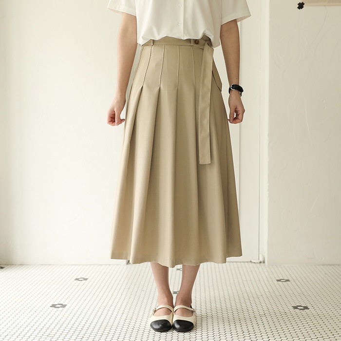 [韓国ファッション] ベルトセット プリーツ ロング スカート