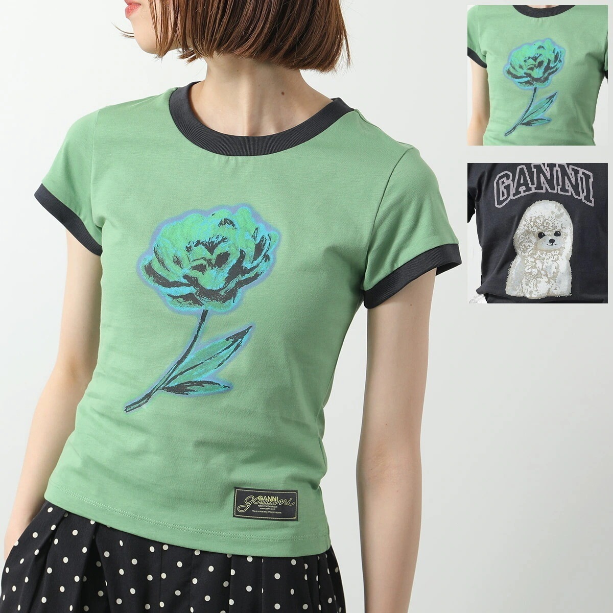 GANNI ガニー 半袖 Tシャツ Basic Cotton Jersey Peony Poodle Baby Fit T-shirt T4227 T4239 レディース ロゴT カットソー コットン