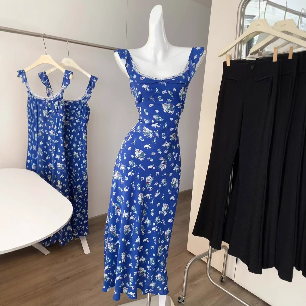 【急速出荷】日青風鈴白の発光スカート花柄キャミソールワンピース女性ウエストが細く見えるロングスカート