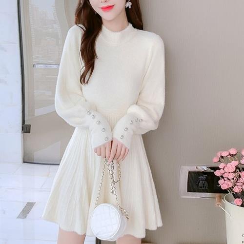 【即納】ワンピース ニットワンピ シャギーニット 韓国 無地 秋 冬 長袖 ミニ丈 おしゃれ 可愛い ボリューム袖 切り替えワンピ Aラインワンピ フレアワンピ きれいめ 上品 ふわふわ セーター シ