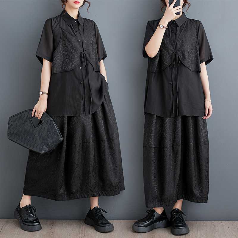 「ファットガール」 2024夏新品 上下セット ブラウス+スカート 大きいサイズ 体型カバー レディース セットアップ メガ割30%までに制限