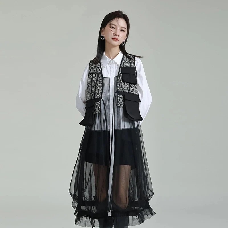 【J.Fashion】 春夏 スーツベスト レディースベスト ドッキング 柄 おしゃれ レディーススーツベスト メガ割30%までに制限 4,865円