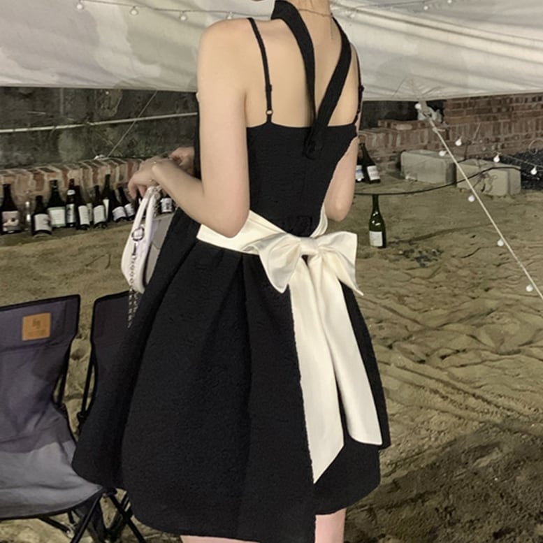 レディース バックリボンワンピース ミニワンピ クラシカル ドレス 袖なし キャミソールワンピース