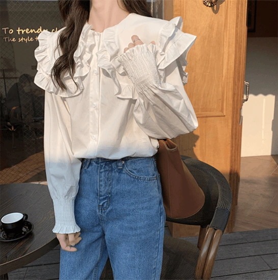 ブラウス ビックカラー トップス レディース フレアブラウス ガーリー ビックカラー フリル