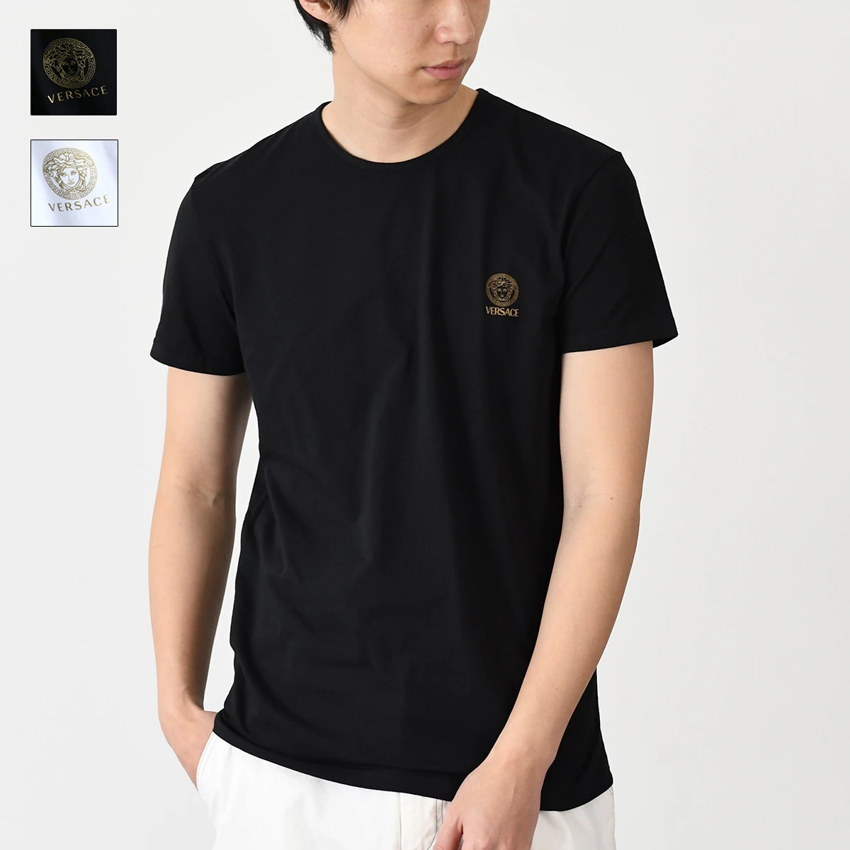 VERSACE ヴェルサーチェ ベルサーチ メデューサ クルーネック Tシャツ AUU01005 1A10011 ヴェルサーチ ホワイト ブラック 丸首 半袖 ロゴ メンズ