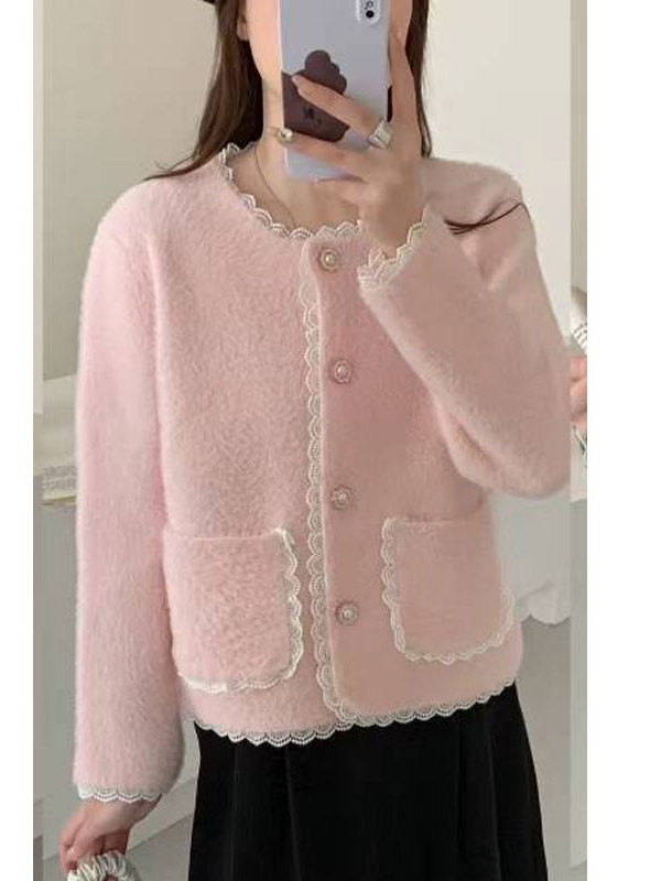 10個セット コート女性秋冬韓国版ゆったりレースクルーネックニットカーディガントップス洋風
