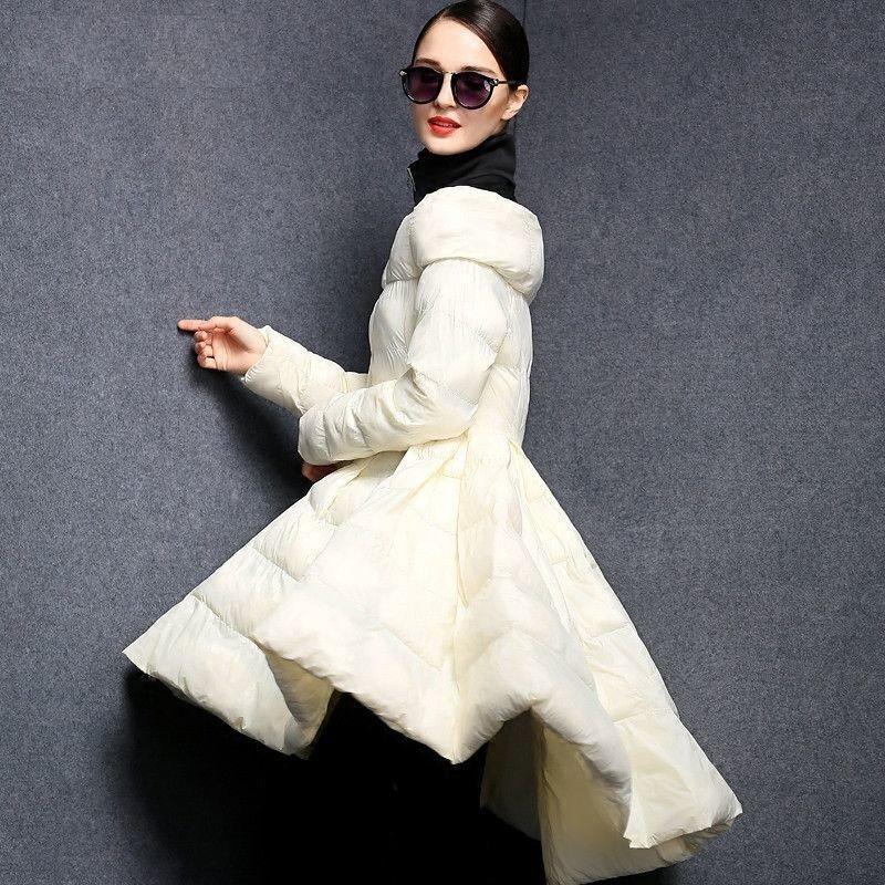ダウンコートAラインフレアフリルデザインハイネックワンピース風ポケット付きジップアップ冬防寒寒さ対策おしゃれかわいい大人女子