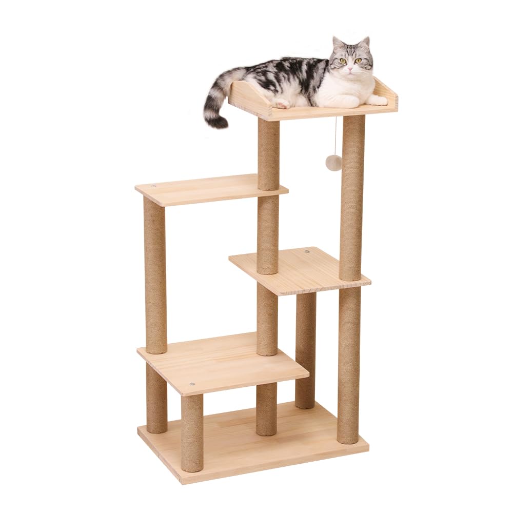 PETTIFUL キャットタワー 木登り 木製 スリム 大型猫 木登り 据え置き 天然木 おしゃれ 多頭飼い キャットツリー シニア 高さ112cm 面取り加工 猫タワー キャットウォーク 中型 シン