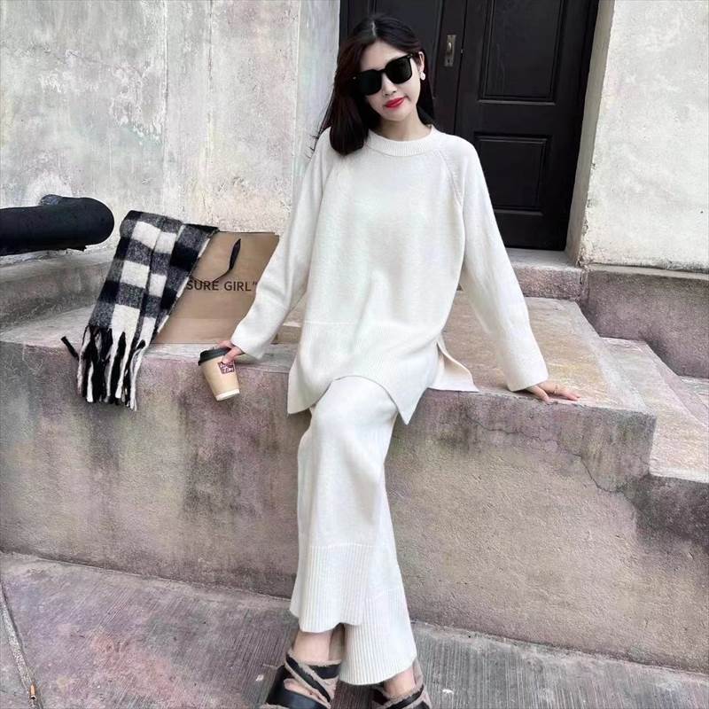 2点セット セットアップ 上下セット レディース セーター 長袖 ラウンドネック プルオーバー サイドスリット ロングパンツ ウエストゴム ルームウエア 部屋着 かわいい 大人可愛い きれいめ シンプ