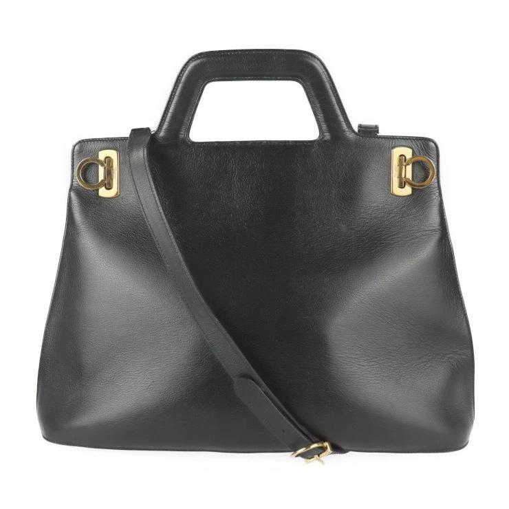 Salvatore Ferragamo サルヴァトーレ フェラガモ ガンチーニ ハンドバッグ 21 5240 レザー ブラック ゴールド金具 2WAY ショルダーバッグ【本物保証】【中古】