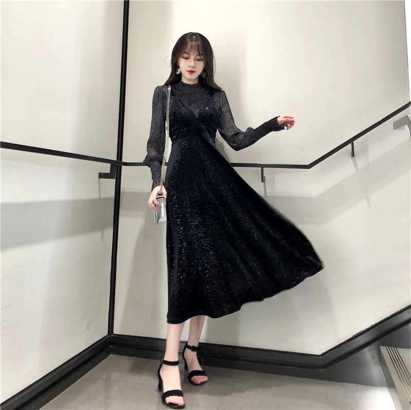 2点セット セットアップ トップス 長袖 ハイネック ベルスリーブ ボリューム袖 ミモレ丈ワンピース キャミソールワンピース ベルベット キラキラ かわいい 大人可愛い きれいめ シンプル 上品