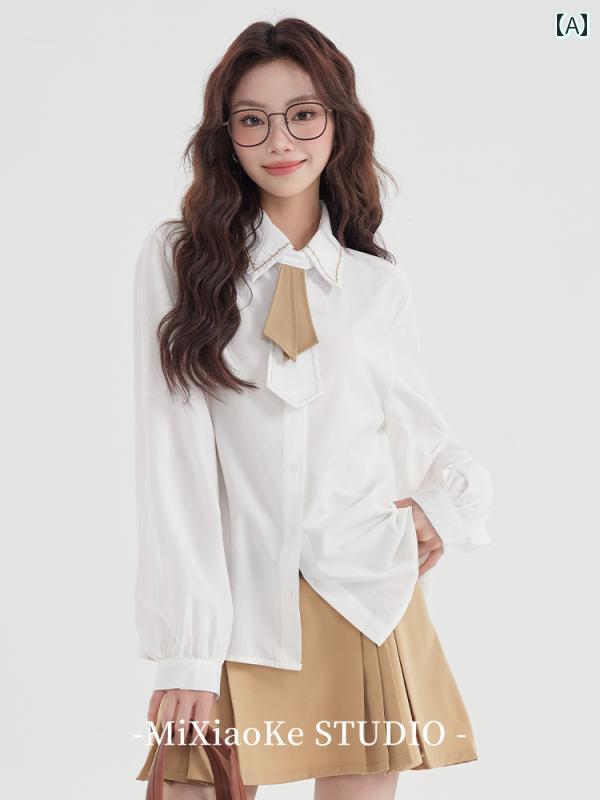 シック 女性用 長袖 シャツ 春 白 ネクタイ 制服風 シンプル カジュアル おしゃれ スタイリッシュ レディース