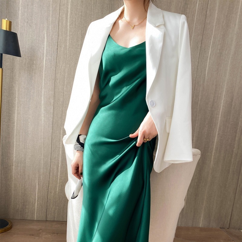 優しい風サテンストラップドレススリムな気質Vネック無地サマーロングドレス 母の日-0010397