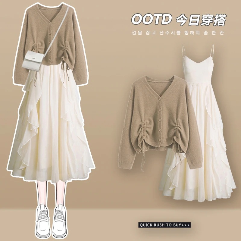 【期間限定特価】Cha Li Tea シック ニット ワンピース 春服 レディース 2024 新作 甘辛 ストリート スーツ サスペンダー スカート 母の日のプレゼント