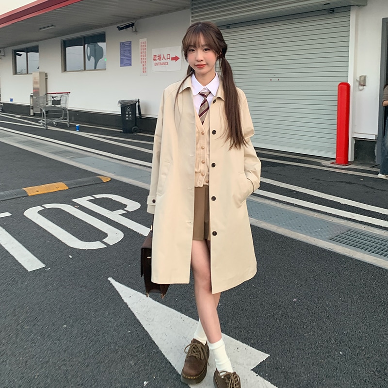 モカタイムルーズカレッジJKウィンドブレーカー2024初秋カーキロングコートレディースプチサイズ