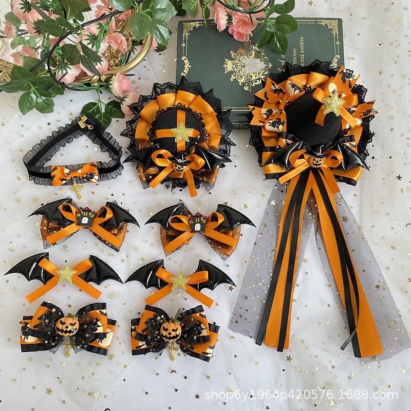 ロリータ ハロウィンアクセサリー かぼちゃ色の悪魔のヘアピン ロリータ オレンジ 黒 紫 コウモリ リボン帽子