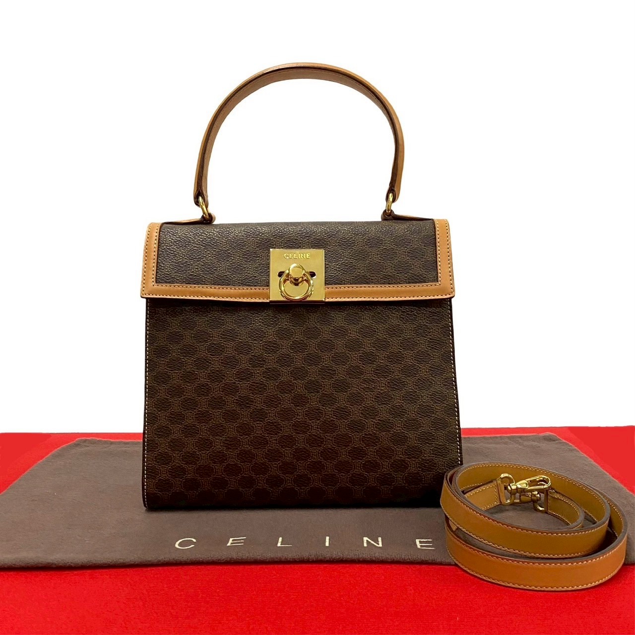 ヴィンテージ マカダム ブラゾン 柄 ロゴ リング 金具ショルダーバッグ レザー PVC ブラウン 51012