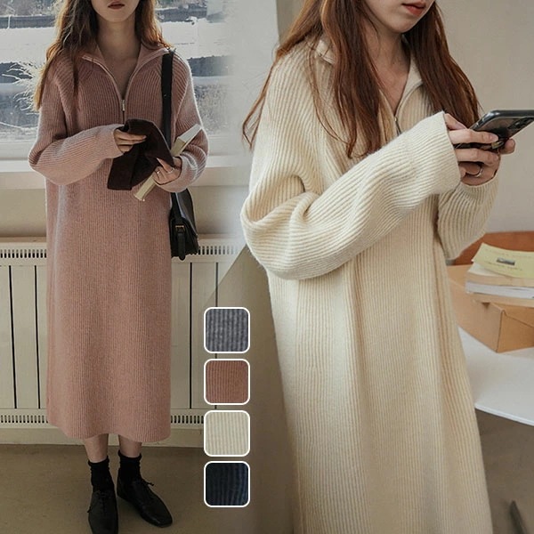 ニットワンピース レディース 秋冬 長袖 ミモレワンピース リブニット ロングワンピース タートルネック Vネック ハイネック ファスナー ミモレ丈 膝下丈 着痩せ エレガント オフィス OL 通勤