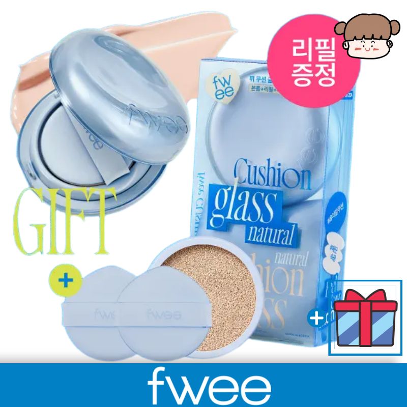 【リフィル／おまけ付き】クッショングラスナチュラル, 本品+リフィル＋パフ2枚付き ／ツヤ クッションファンデ 韓国コスメ クッション 水光肌 クッション ナチュラル ツヤ肌 ガラス肌 ファンデ 薄付