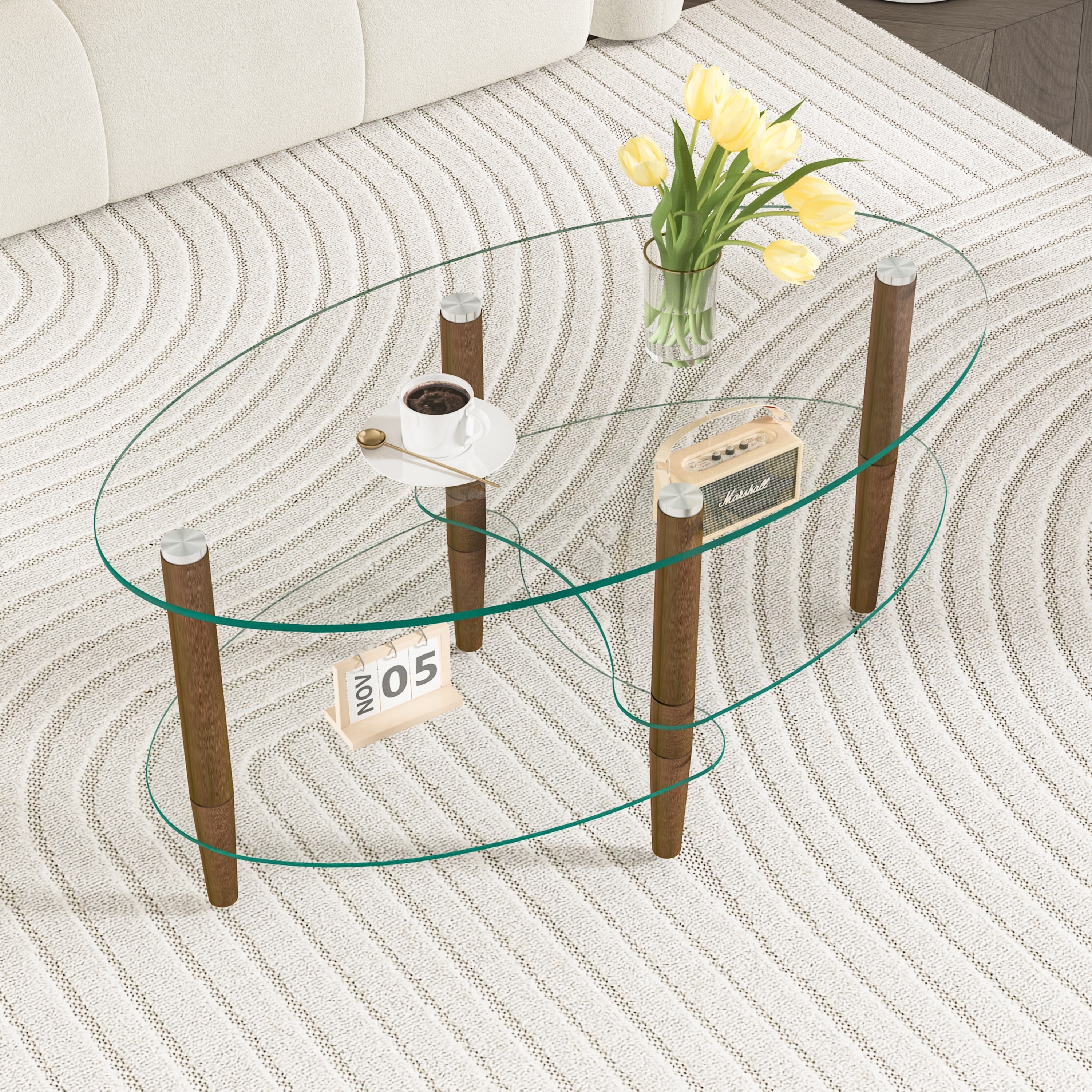 【国内発送Ｍ】190楕円形ガラスコーヒーテーブル 透明3段ガラス天板 オーク材脚 モダンリビングテーブル