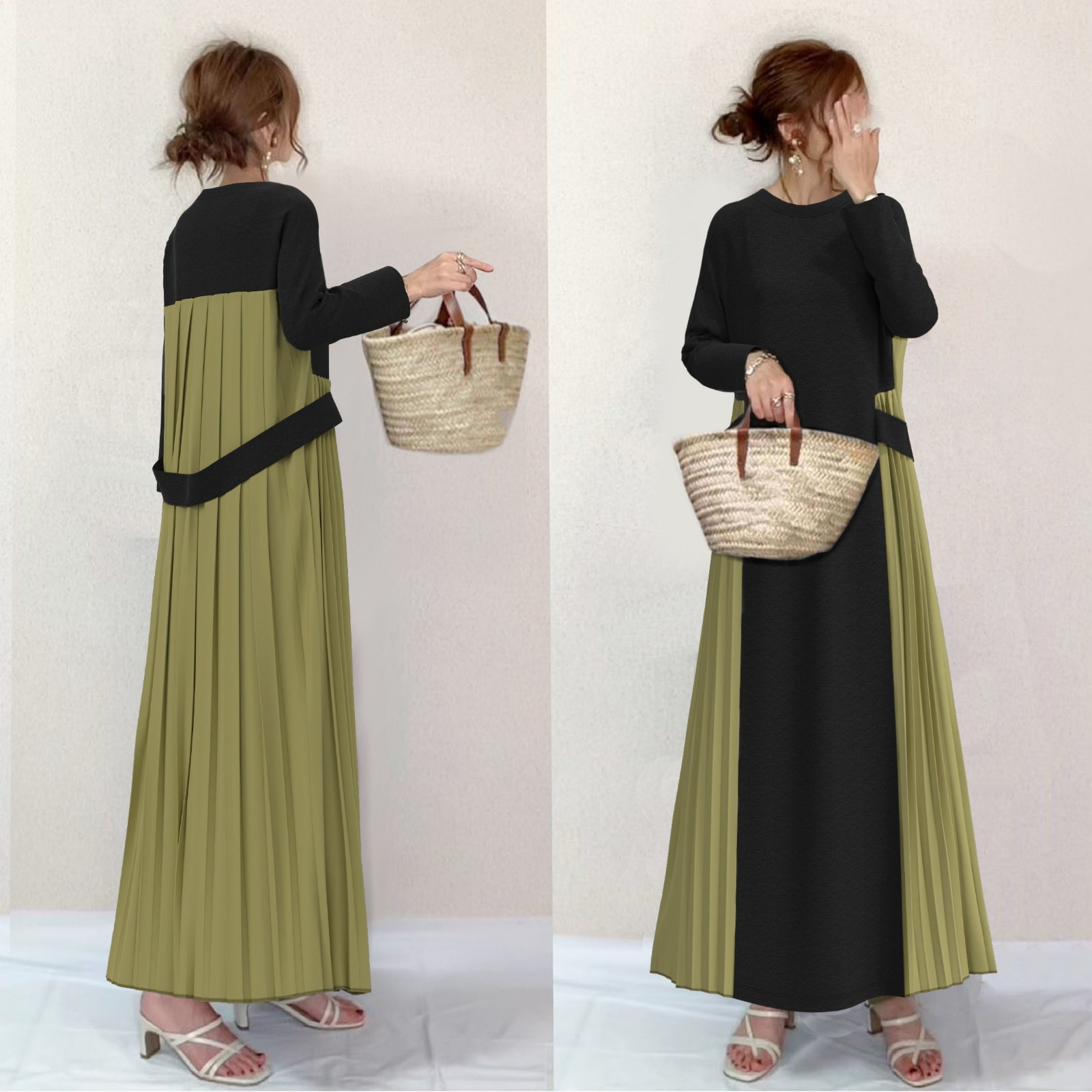 【輝いて超人気】 個性的なデザイン シンプル 配色 ラウンドネックプリーツ カジュアルワンピース レディース