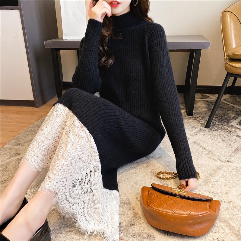 【即納】店舗お勧め!パーティードレス ニットワンピース 韓国風ファッション セミロング ニットワンピース 保温 トップスワンピース トップス ニット トップスワンピース