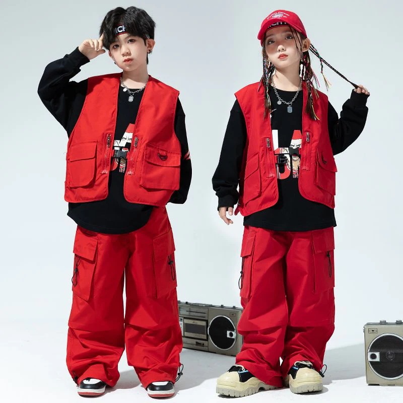 子供の街のダンスのファッション服の男の子の赤いヒップホップのhiphopの出演服の女の子のゆったりしたジャズのダンスのショーの服のスーツ