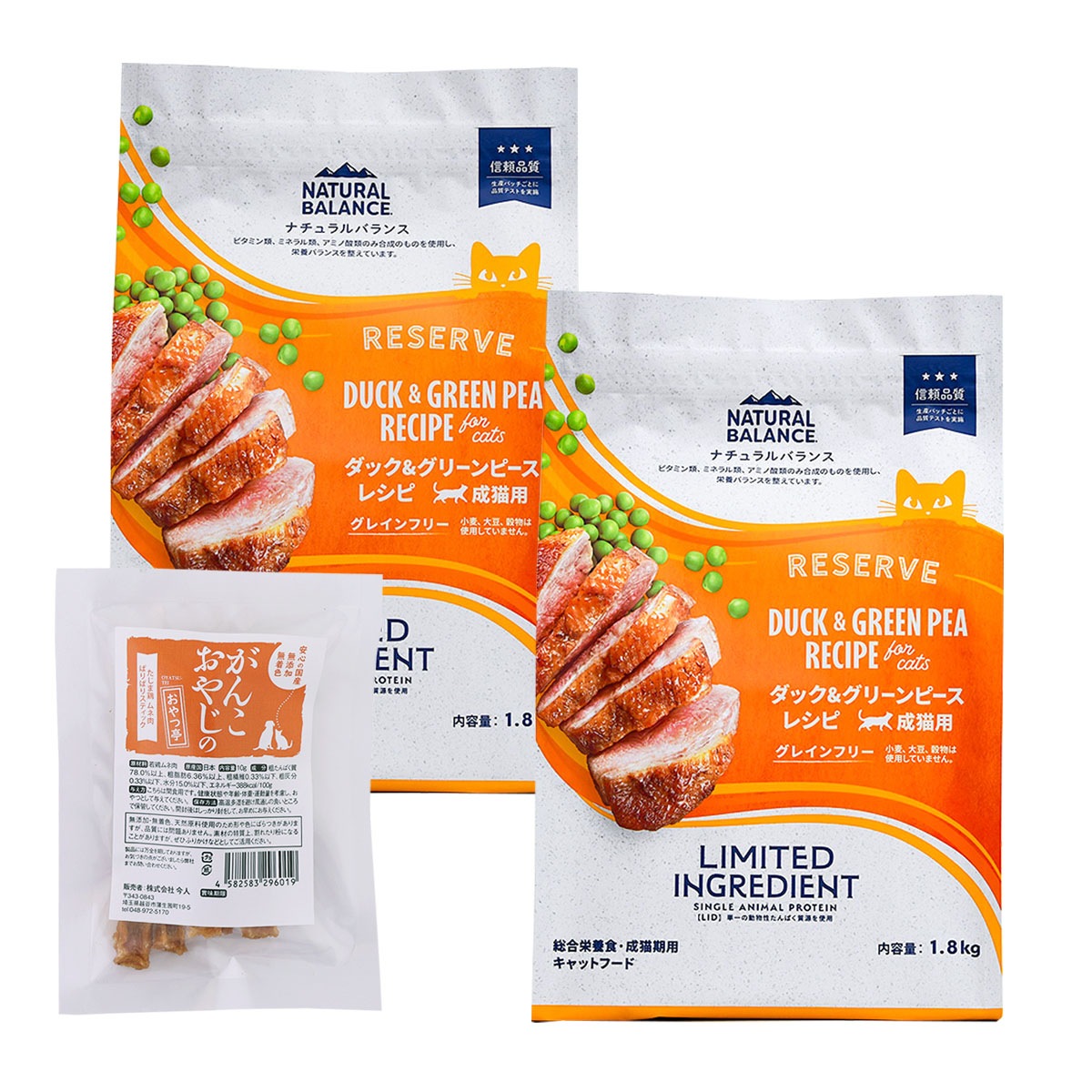 LIDグレインフリー 猫用 ダック&グリーンピース 1.8kg×2袋【国産たじま鶏ジャーキー(小サイズ)付き】