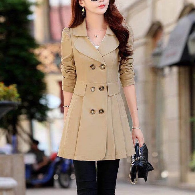 アウター 上着 コート トレンチコート ミドル丈 チュニック丈 Ａライン 無地 プリーツ 襟付き パフスリーブ ダブルブレスト スタイルアップ 可愛い かわいい きれいめ 大人 上品 lout0720