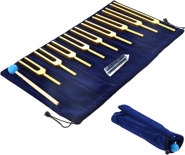 クリスタルチューナー 音叉 9本 水晶 付き セット ヒーリング 癒し 浄化 瞑想 ヨガ (ゴールド)