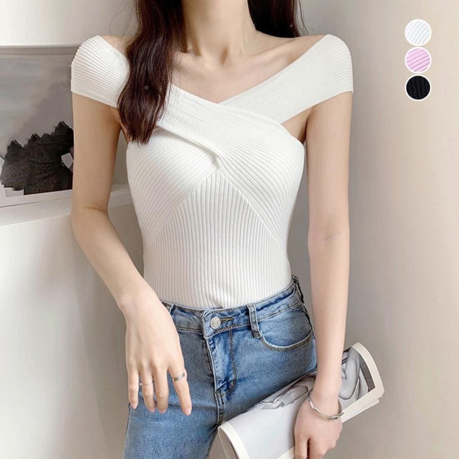 【超お得1つ買うと10個もらえる】[今日は安い-出荷が早い]サマーニット 2WAY オフショルダー 春夏 ニットトップス レディース クロスデザイン セクシーリブニット