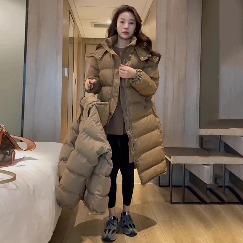 作登場ダウンコートレディース冬服ロング丈フード付きキルティングダウンジップアップ無地秋冬細身着痩せ暖かいひざ丈保温防寒羽織り