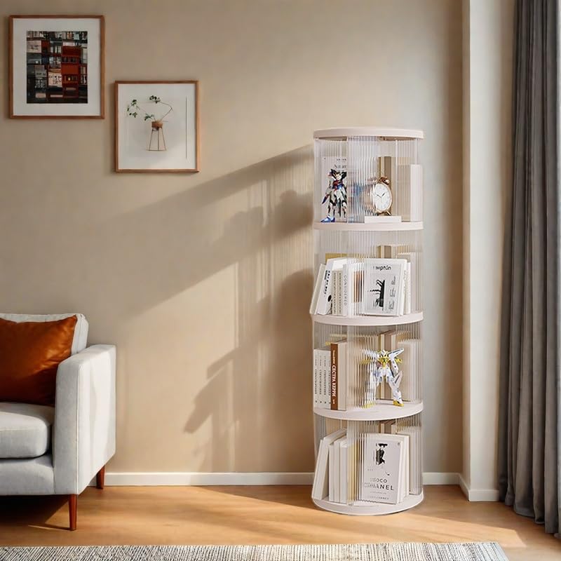 4段 透明プラスチック製 360回転本棚 回転台 軽量設計 大容量収納 コミック/絵本棚 組立簡単 省スペース 飾り棚 収納ラック (4段)