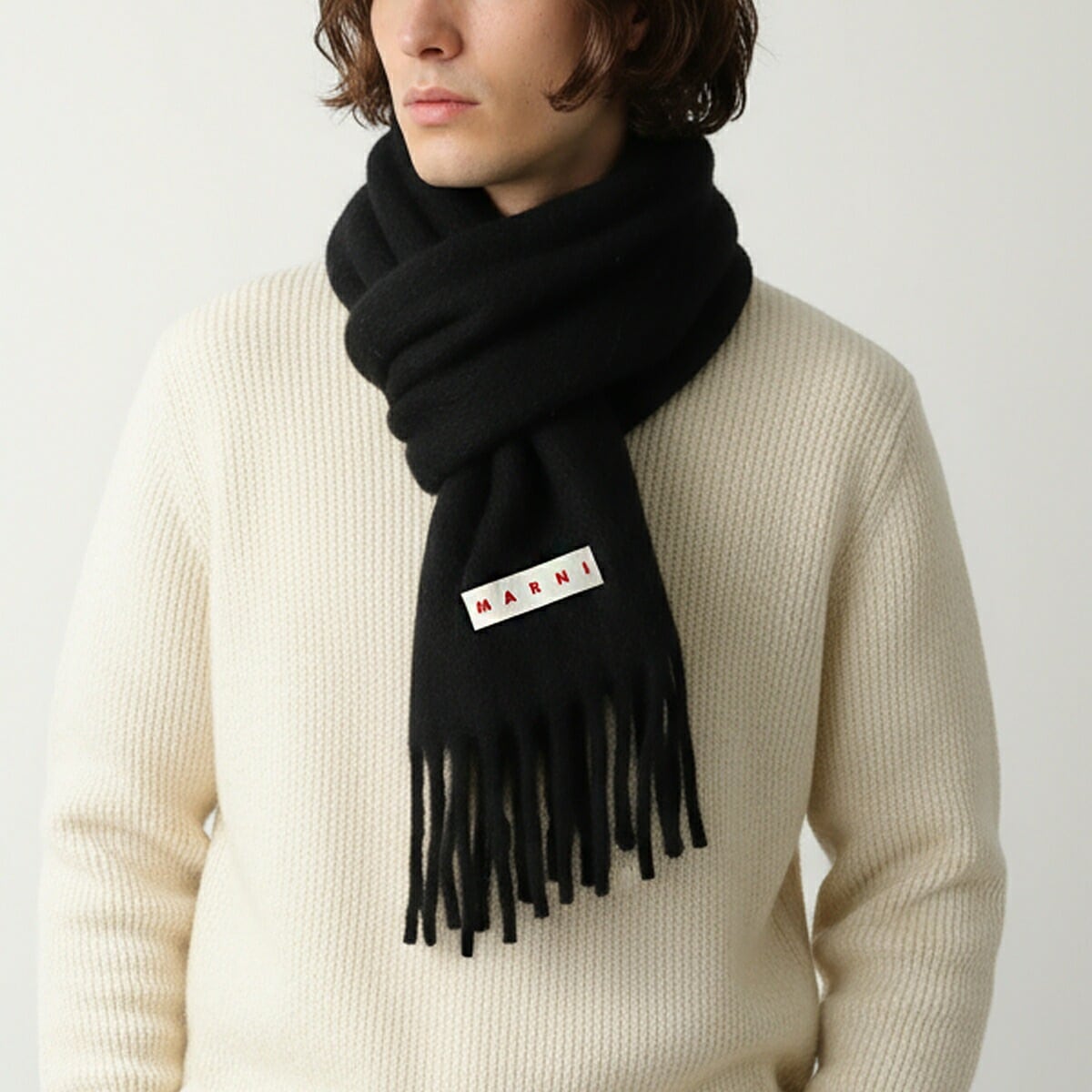 MARNI マルニ マフラー SCZC0082Y0 UTW918 メンズ フリンジ ストール ロゴラベル ナイロン混アルパカ 00N99
