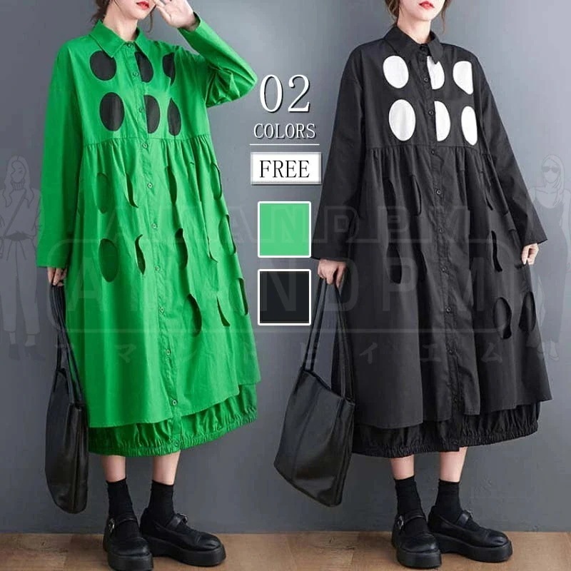 【急速出荷 2025年新作】2024新品 シャツワンピース レディース ロング丈 ワンピース 水玉 ドット マキシワンピース 春 夏 秋 ドッキングワンピ 薄手 無地 長袖 切り替えワンピース 大きいその他 ワンピース・ドレス