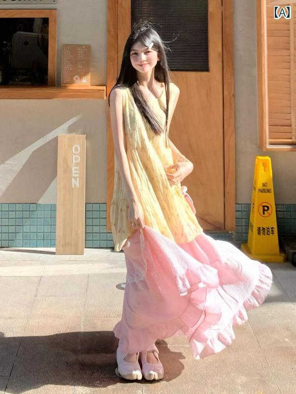 Vネック　トップス　レディース ドーパミンの 花柄 ベスト ドレス 女性用 夏用 カレッジ スタイル ノースリーブトップ スカート ツーピース スーツ