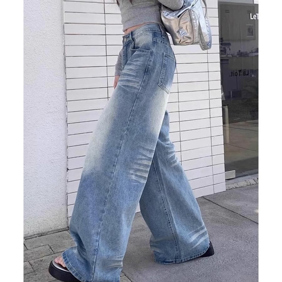 ウォッシュ加工デニムパンツ ワイドデニム