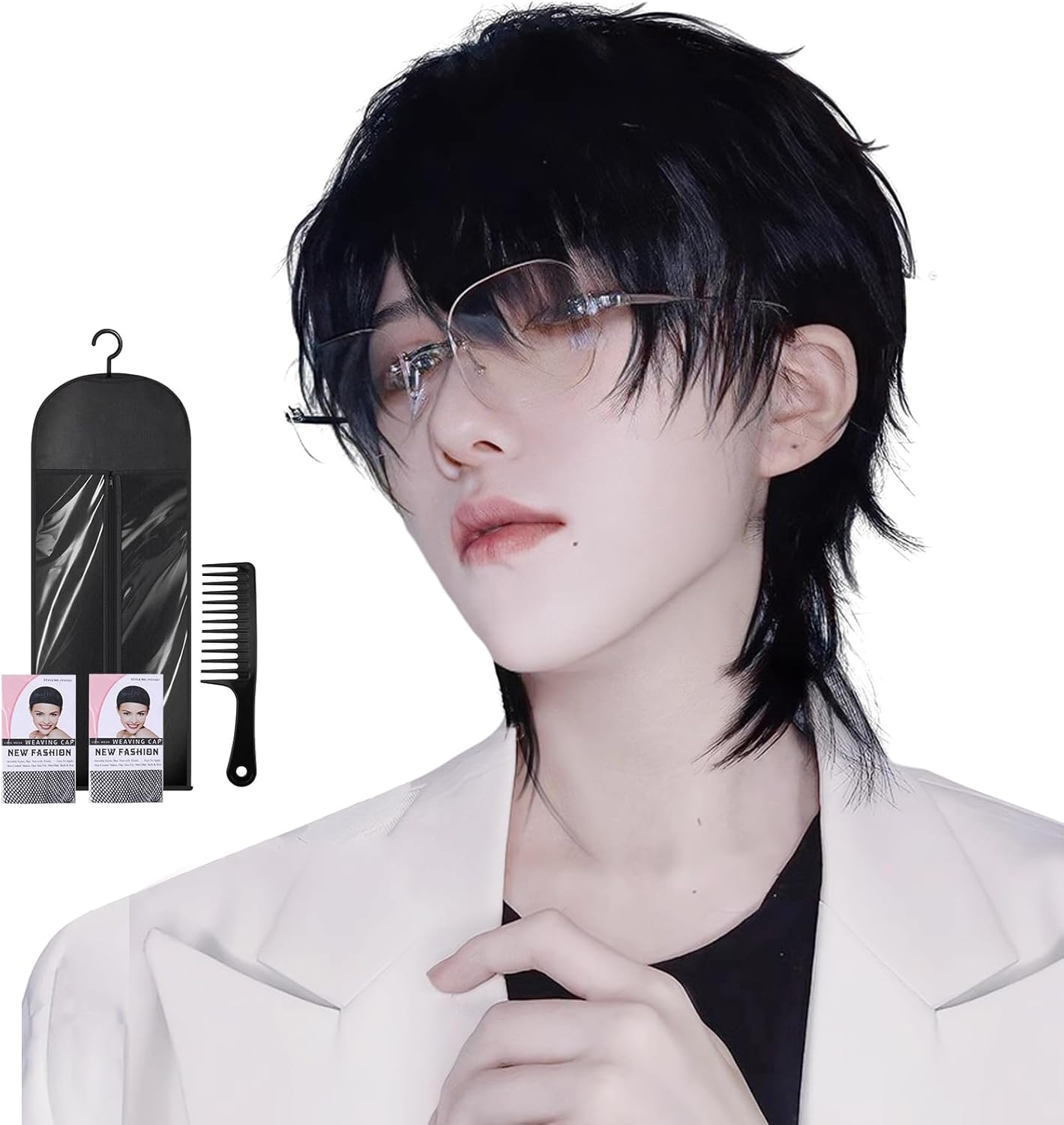 メンズ用 ウルフカット ショート フルウィッグ 黒茶色 フリーサイズ