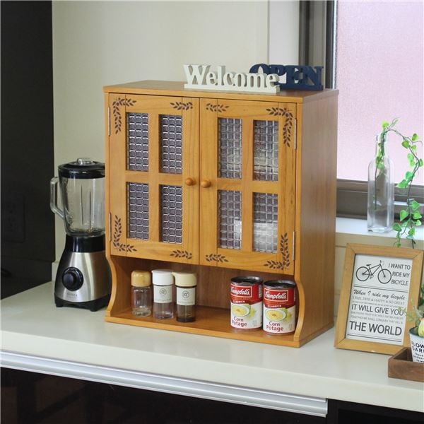 リーフ柄 カウンター上収納 調味料ラックライトブラウン 上置き 引き戸 収納 棚 両面開閉 木製 幅45cm おしゃれ キッチン 完成品