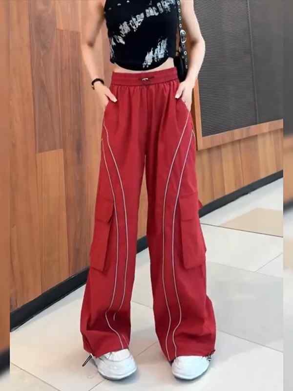 レディース ファッション オシャレ カワイイ シンプル 人カワイイ きいサイズ 赤 ポケット ストレッチ ウエスト 薄型 スポーツ パンツ ハイウエスト ワイド レッグ