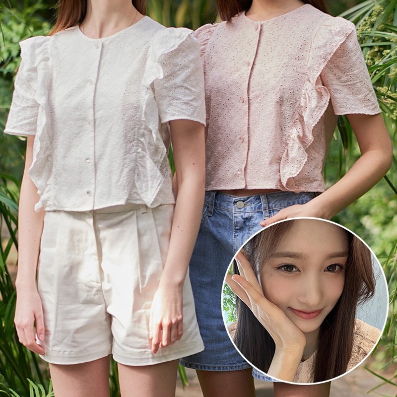 IVE イソ着用 / エンジェル レース パンチング ブラウス(ベビーピンク)半袖 ブラウス 春夏服 韓国人気ブランド シャツ レディース