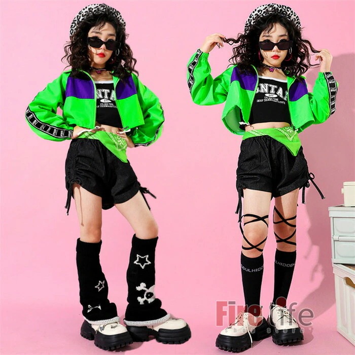 ダンスウェアセール キッズダンス衣装 セットアップ チアガール グリーン 蛍光緑 ジャケット インナー ショートパンツ ヒップホップ レッグウォーマー 女の子 ダンスウェア hiphop 110cm～