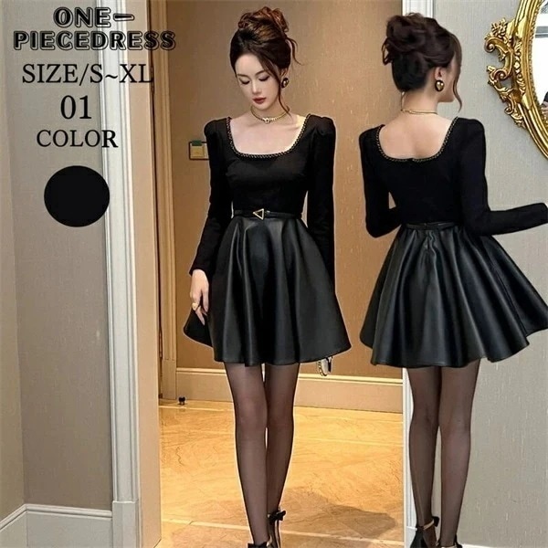 PU切り替えワンピース　ワンピスドレス　ミニ丈　膝上丈　フレアワンピース　　フォーマルドレス　パーティードレス　ライトドレス　姫系　長袖　セクシー上品 大人 きれいめ スナック パーティー　結婚式 ド